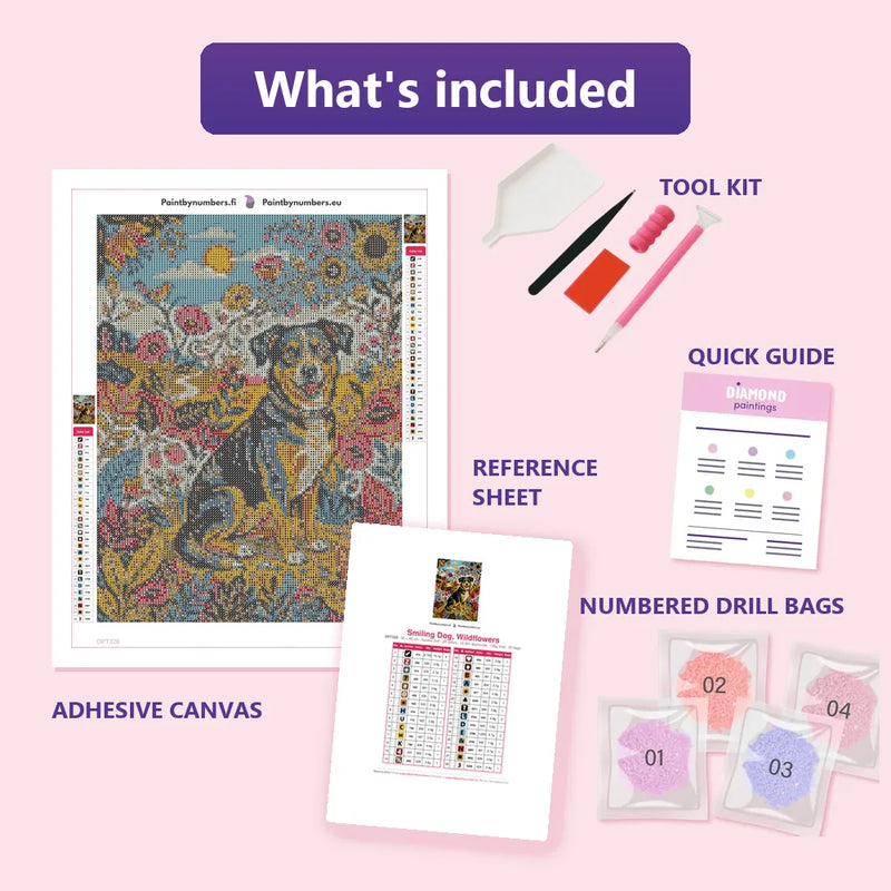 What is included in the Smiling Dog, Wildflowers diamond painting kit - adhesive canvas, reference sheet, tools and numbered drill bags
