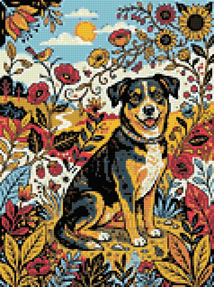 Diamond painting pattern chart - Smiling Dog, Wildflowers