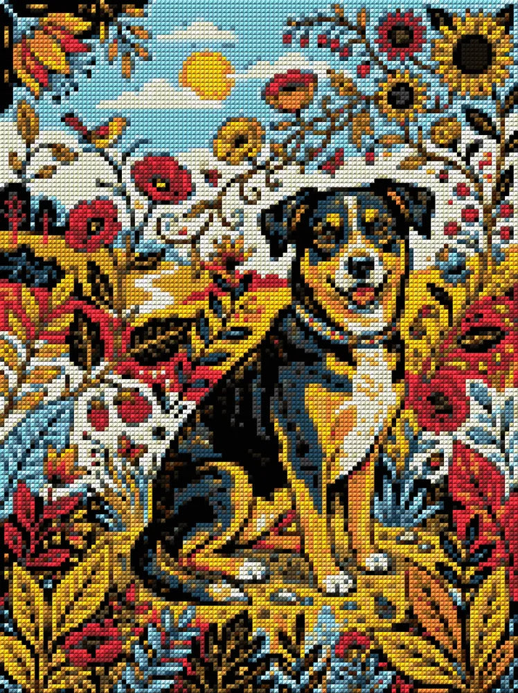 Diamond painting pattern chart - Smiling Dog, Wildflowers