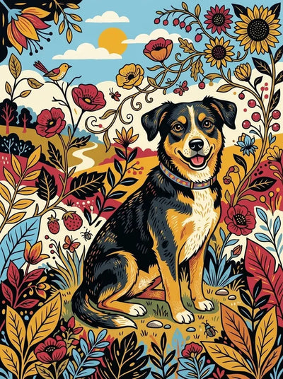Diamond Painting of a dog in a blooming meadow with colorful plants.