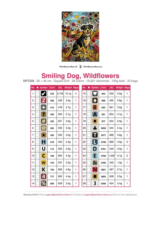 DMC color chart for Smiling Dog, Wildflowers diamond painting - 28 colors