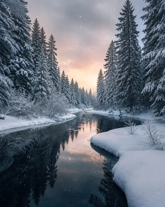 Diamond painting-motiv med en vinterflod mellan snöklädda barrträd under orange kvällshimmel
