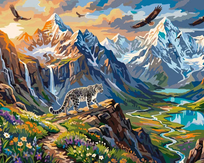 Snow leopard in mountains paint by numbers, waterfalls and eagles.