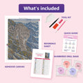 Thumbnail for What is included in the Snow Leopard on the Lichen Ridge diamond painting kit - adhesive canvas, reference sheet, tools and numbered drill bags