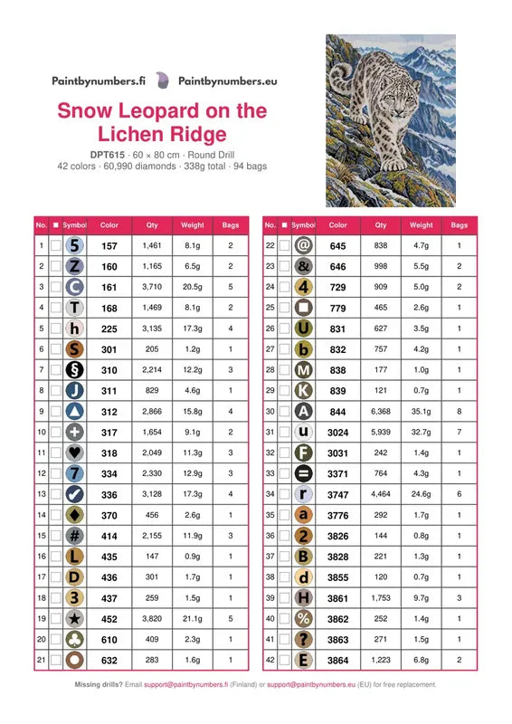 DMC color chart for Snow Leopard on the Lichen Ridge diamond painting - 42 colors