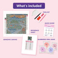 Thumbnail for What is included in the Snowbound Evergreen Wagon diamond painting kit - adhesive canvas, reference sheet, tools and numbered drill bags