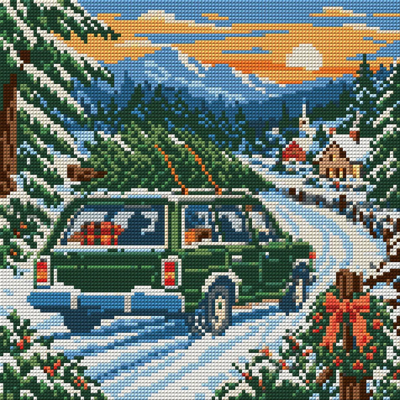 Snowbound Evergreen Wagon, 30x30 cm diamond painting – full design preview without the close-up inset
