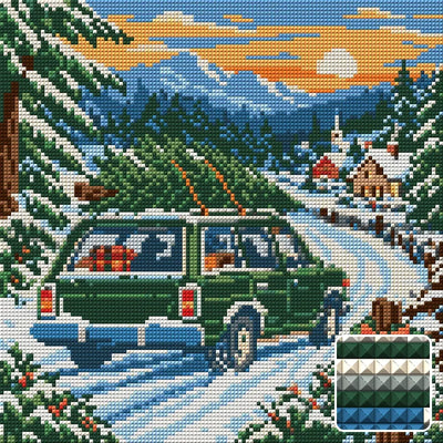 Snowbound Evergreen Wagon, 30x30 cm diamond painting – finished design preview with a close-up of square drills