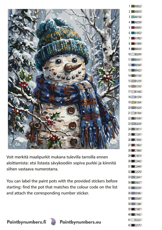 Paint color chart and instructions - Snowman with Blue Scarf 40x50cm