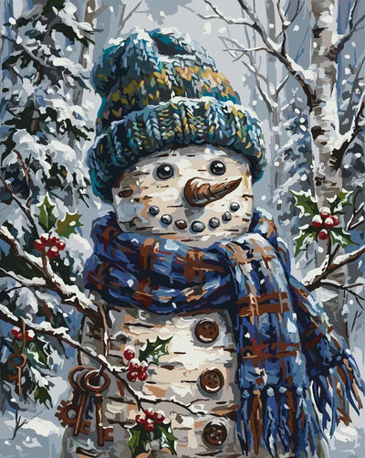 Snowman with blue scarf in winter forest paint by numbers.