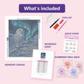 Thumbnail for Snowy Owl 40x50cm diamond painting kit contents: adhesive canvas, color chart, tools and diamond bags