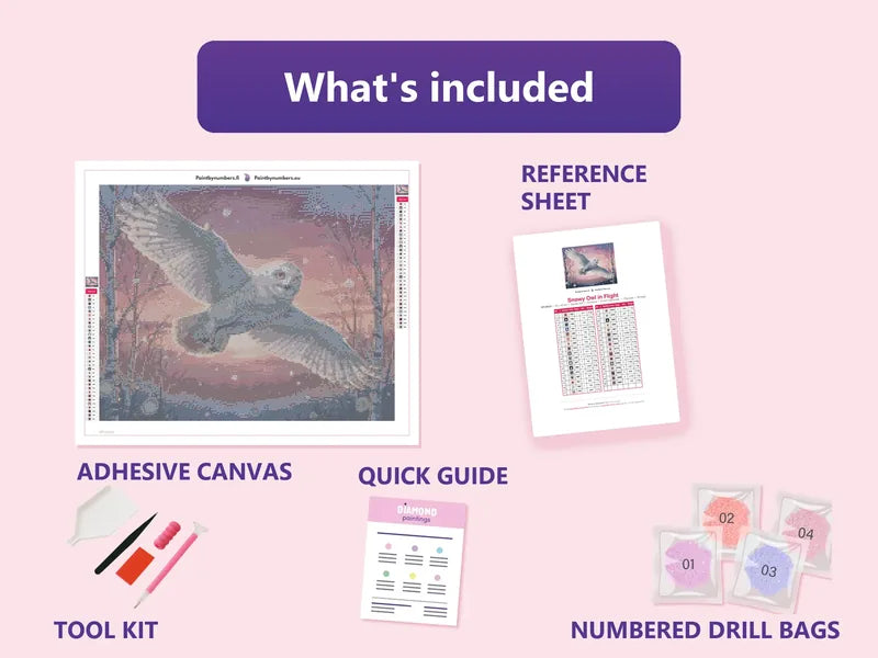 Snowy Owl in Flight 50x40cm diamond painting kit contents: adhesive canvas, color chart, tools and diamond bags