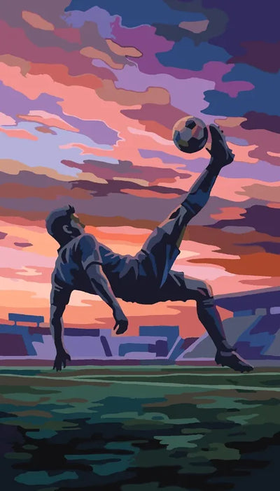 A football player performing a bicycle kick in a stadium, Paint By Numbers.