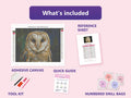 Thumbnail for Speckled Feathers 40x30cm diamond painting kit contents: adhesive canvas, color chart, tools and diamond bags