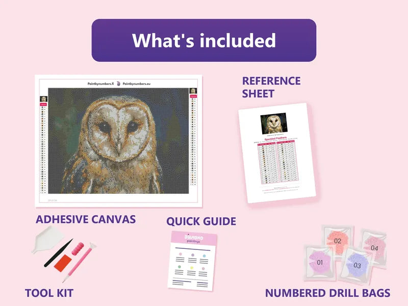 Speckled Feathers 40x30cm diamond painting kit contents: adhesive canvas, color chart, tools and diamond bags