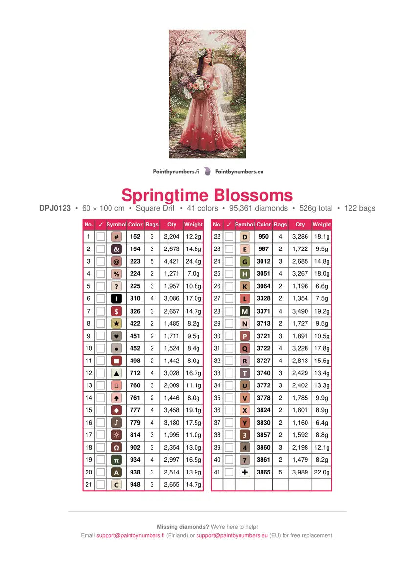 Springtime Blossoms diamond painting color chart – 41 DMC colors