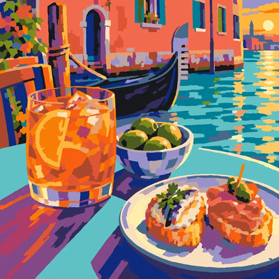 Orange drink, olives and snacks beside a Venice canal with a gondola – paint by numbers