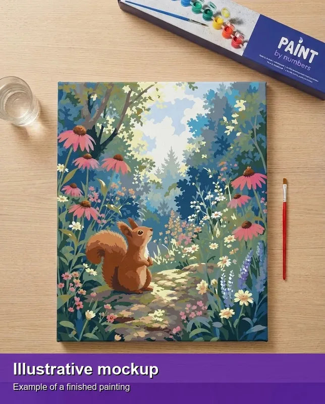 Illustration of the completed paint by numbers - Squirrel in Flower Meadow 40x50cm