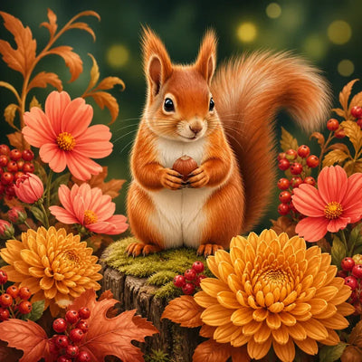 Diamond Painting of a squirrel surrounded by autumn flowers and berries, warm color palette.
