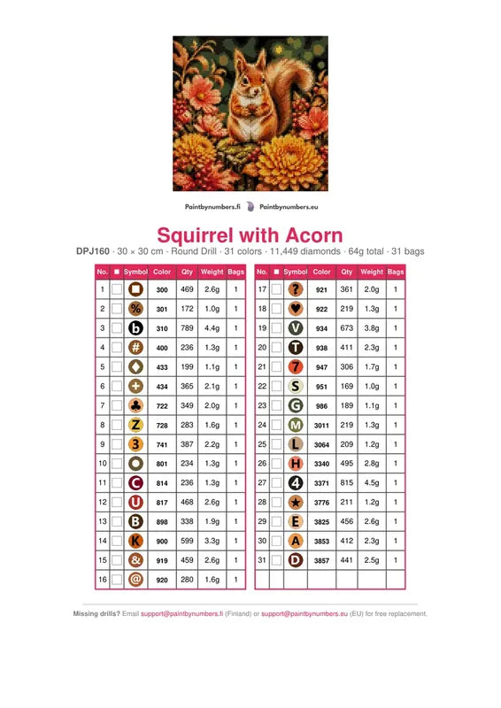 DMC color chart for Squirrel with Acorn diamond painting - 31 colors