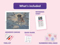 Thumbnail for St. Bernard at Summit 80x60cm diamond painting kit contents: adhesive canvas, color chart, tools and diamond bags