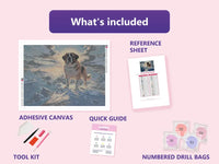 Thumbnail for St. Bernard at Summit 80x60cm diamond painting kit contents: adhesive canvas, color chart, tools and diamond bags