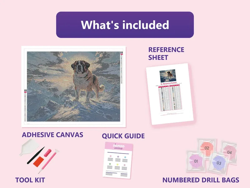 St. Bernard at Summit 80x60cm diamond painting kit contents: adhesive canvas, color chart, tools and diamond bags