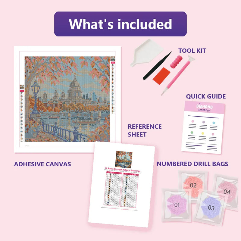 What is included in the St Pauls through Autumn Branches diamond painting kit - adhesive canvas, reference sheet, tools and numbered drill bags