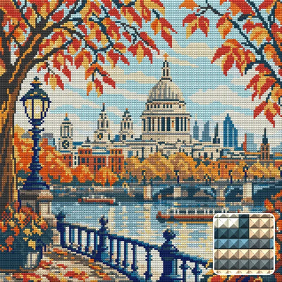 St Pauls through Autumn Branches, 40x40 cm diamond painting – finished design preview with a close-up of square drills