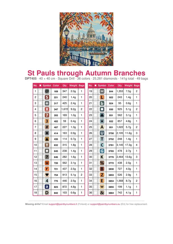DMC color chart for St Pauls through Autumn Branches diamond painting - 36 colors
