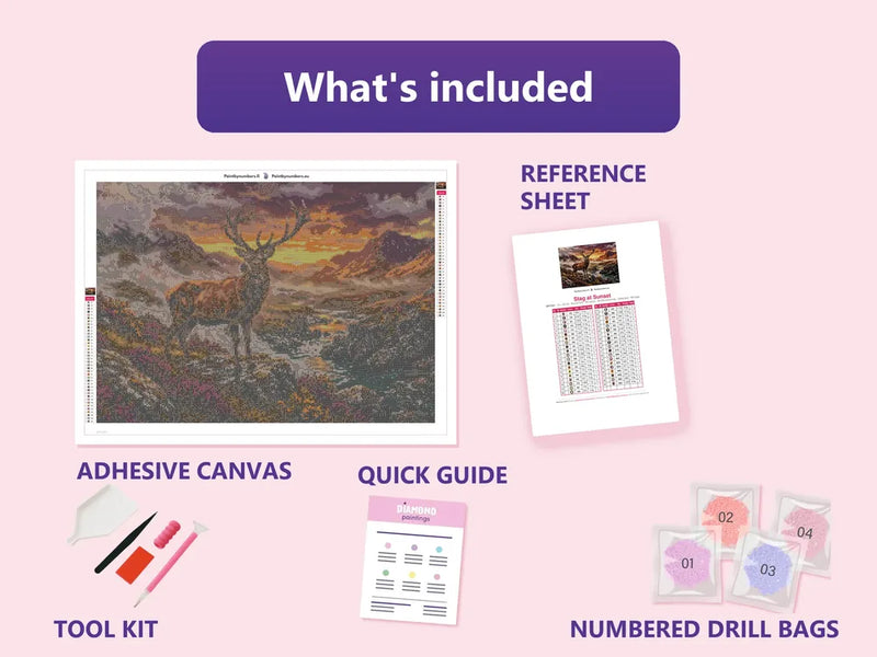 What is included in the Stag at Sunset diamond painting kit - adhesive canvas, reference sheet, tools and numbered drill bags