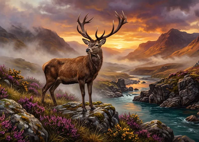 Diamond Painting of a majestic stag in a mountain landscape at sunset.