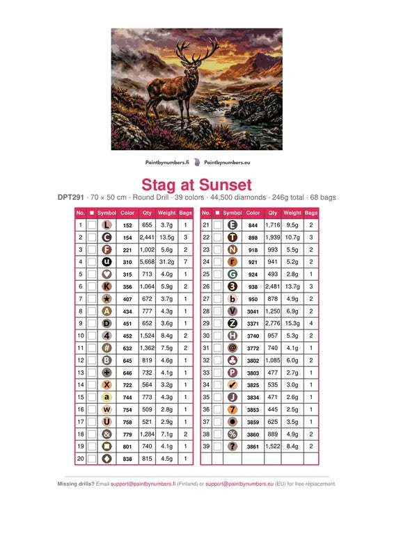 DMC color chart for Stag at Sunset diamond painting - 39 colors