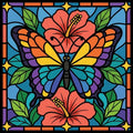 Thumbnail for Diamond Painting with rainbow butterfly and red hibiscus flowers in stained glass style.