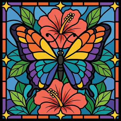 Diamond Painting with rainbow butterfly and red hibiscus flowers in stained glass style.