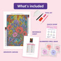 Thumbnail for What is included in the Stained Glass Flowers diamond painting kit - adhesive canvas, reference sheet, tools and numbered drill bags