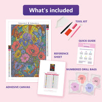 Thumbnail for What is included in the Stained Glass Flowers diamond painting kit - adhesive canvas, reference sheet, tools and numbered drill bags