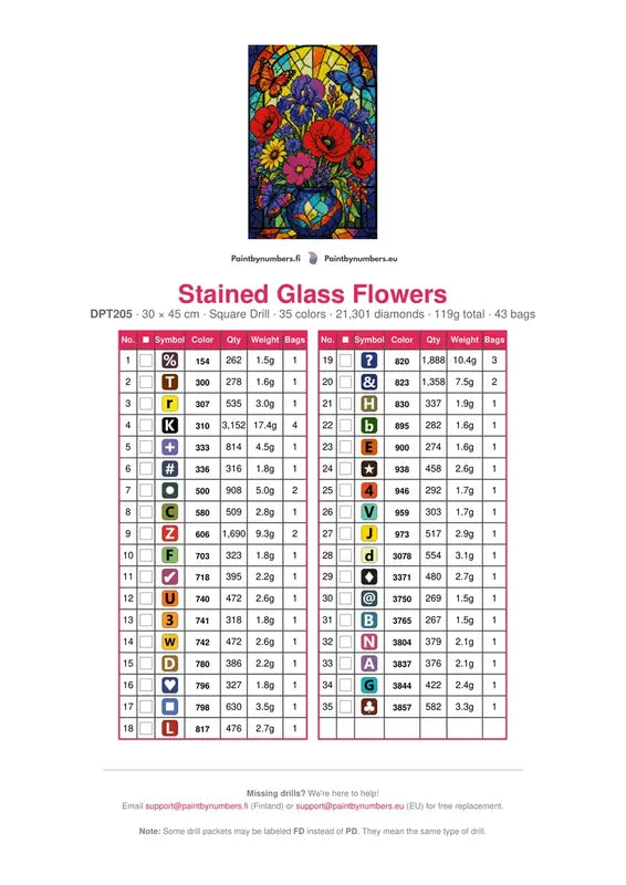 DMC color chart for Stained Glass Flowers diamond painting - 35 colors