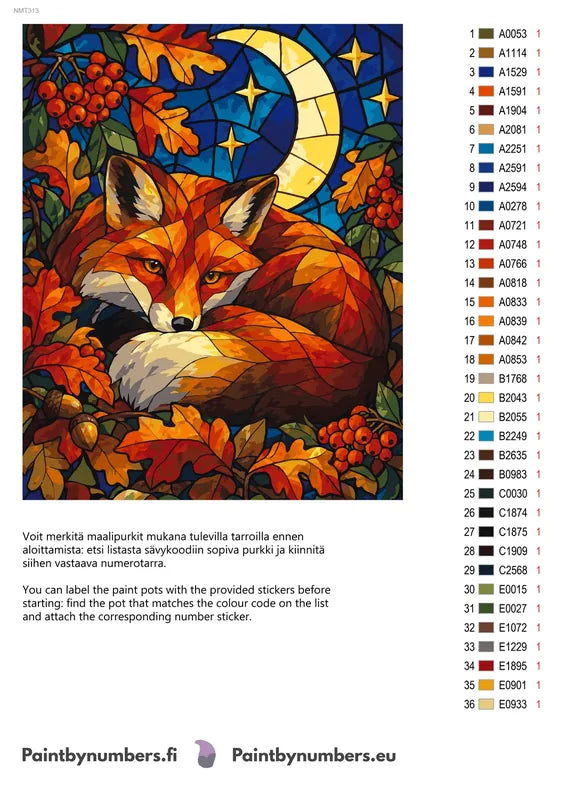 Paint color chart and instructions - Stained Glass Fox 40x50cm