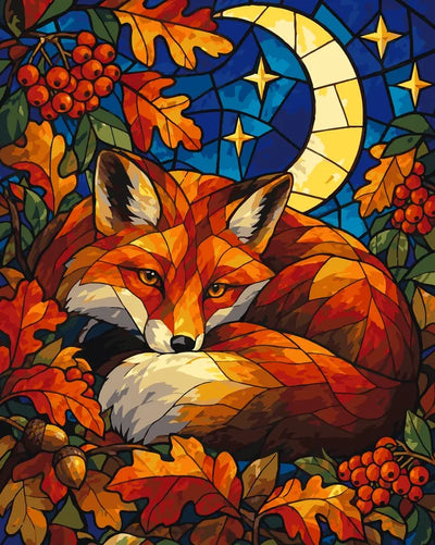Fox with autumn leaves and moon paint by numbers.