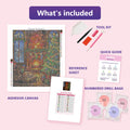 Thumbnail for What is included in the Stained Glass Holiday diamond painting kit - adhesive canvas, reference sheet, tools and numbered drill bags