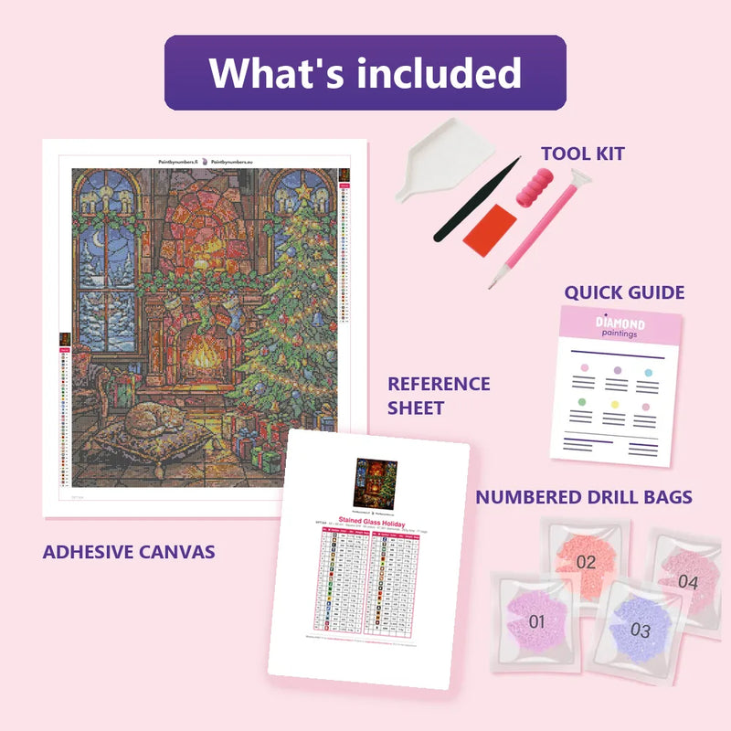 What is included in the Stained Glass Holiday diamond painting kit - adhesive canvas, reference sheet, tools and numbered drill bags