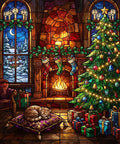 Thumbnail for Diamond Painting of a Christmas tree, fireplace, gifts, and a sleeping cat in a living room