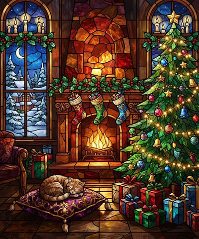 Diamond Painting of a Christmas tree, fireplace, gifts, and a sleeping cat in a living room