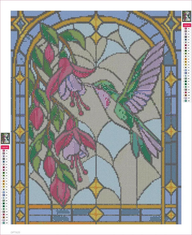 Diamond painting adhesive canvas preview - Stained Glass Hummingbird and Fuchsia