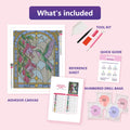 Thumbnail for What is included in the Stained Glass Hummingbird and Fuchsia diamond painting kit - adhesive canvas, reference sheet, tools and numbered drill bags