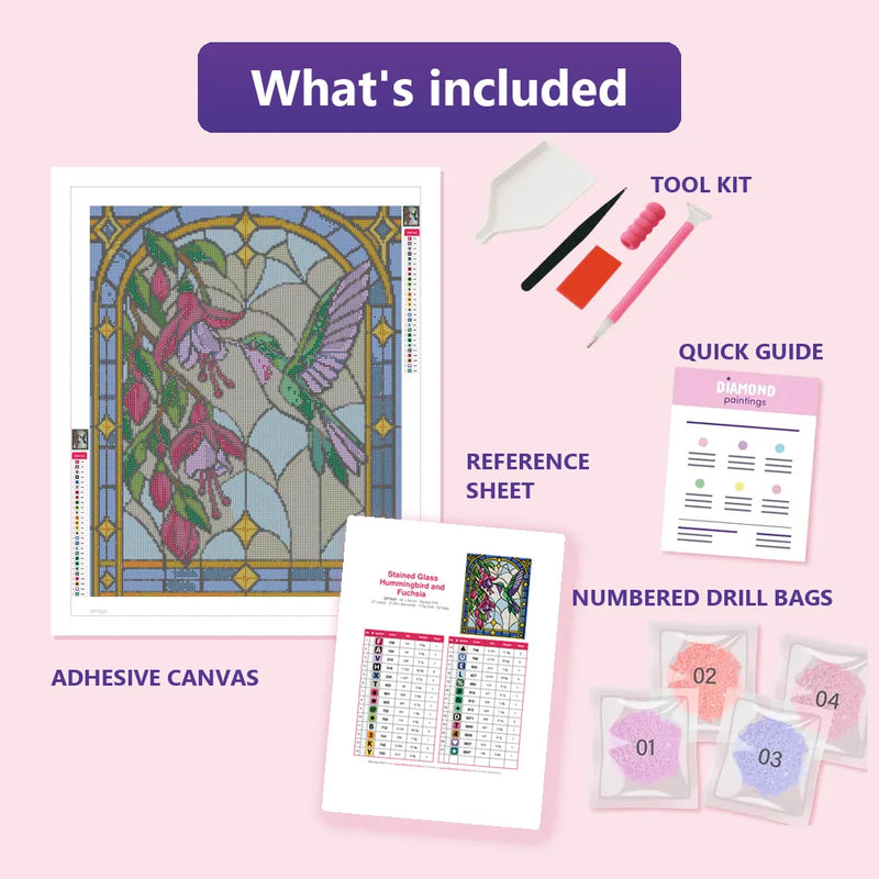 What is included in the Stained Glass Hummingbird and Fuchsia diamond painting kit - adhesive canvas, reference sheet, tools and numbered drill bags
