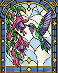 Miniatyrbild: Kolibri med gröna och violetta fjädrar vid fuchsior i glasmålningsstil med blågul kant
