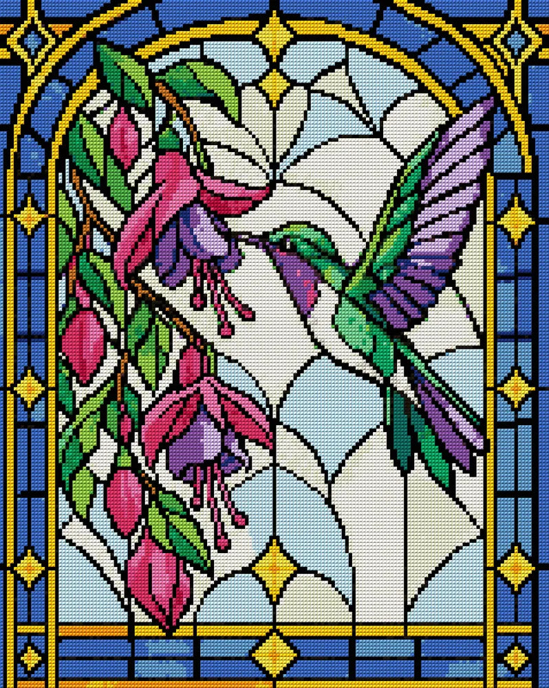 stained glass style hummingbird and fuchsia flowers, 40x50 cm diamond painting – full design preview