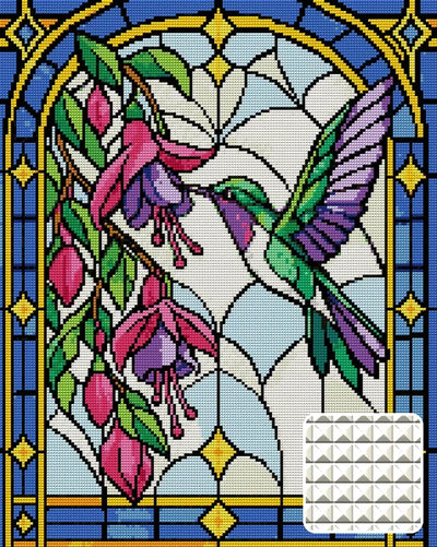 stained glass style hummingbird and fuchsia flowers, 40x50 cm diamond painting – design and close-up of square drills
